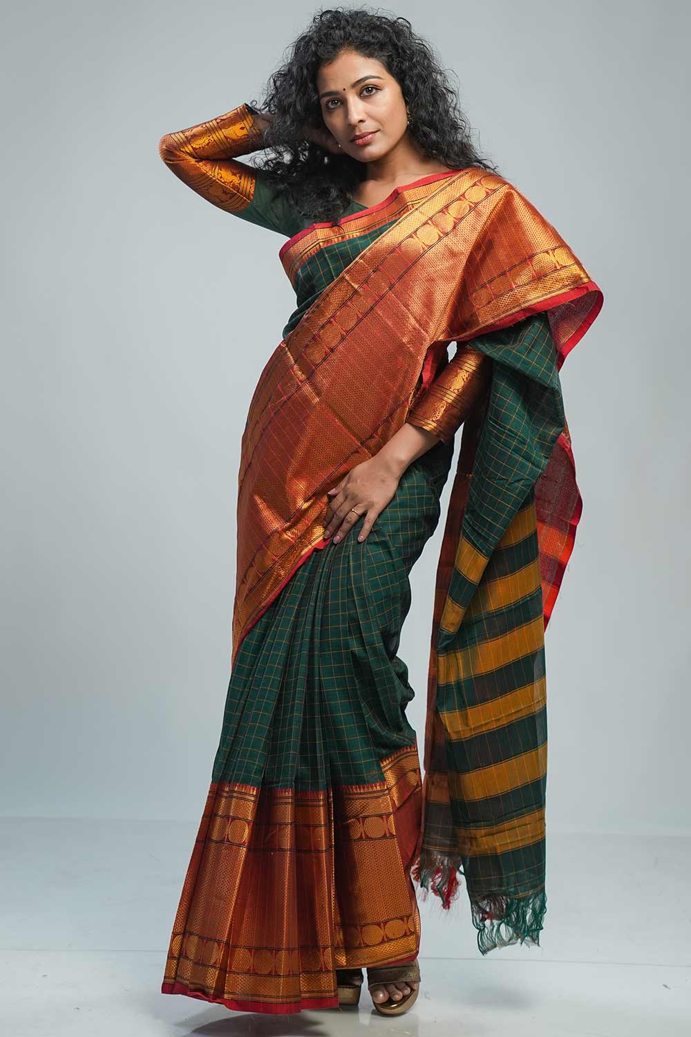 Narayan Pet Green Checked Saree with Big Border