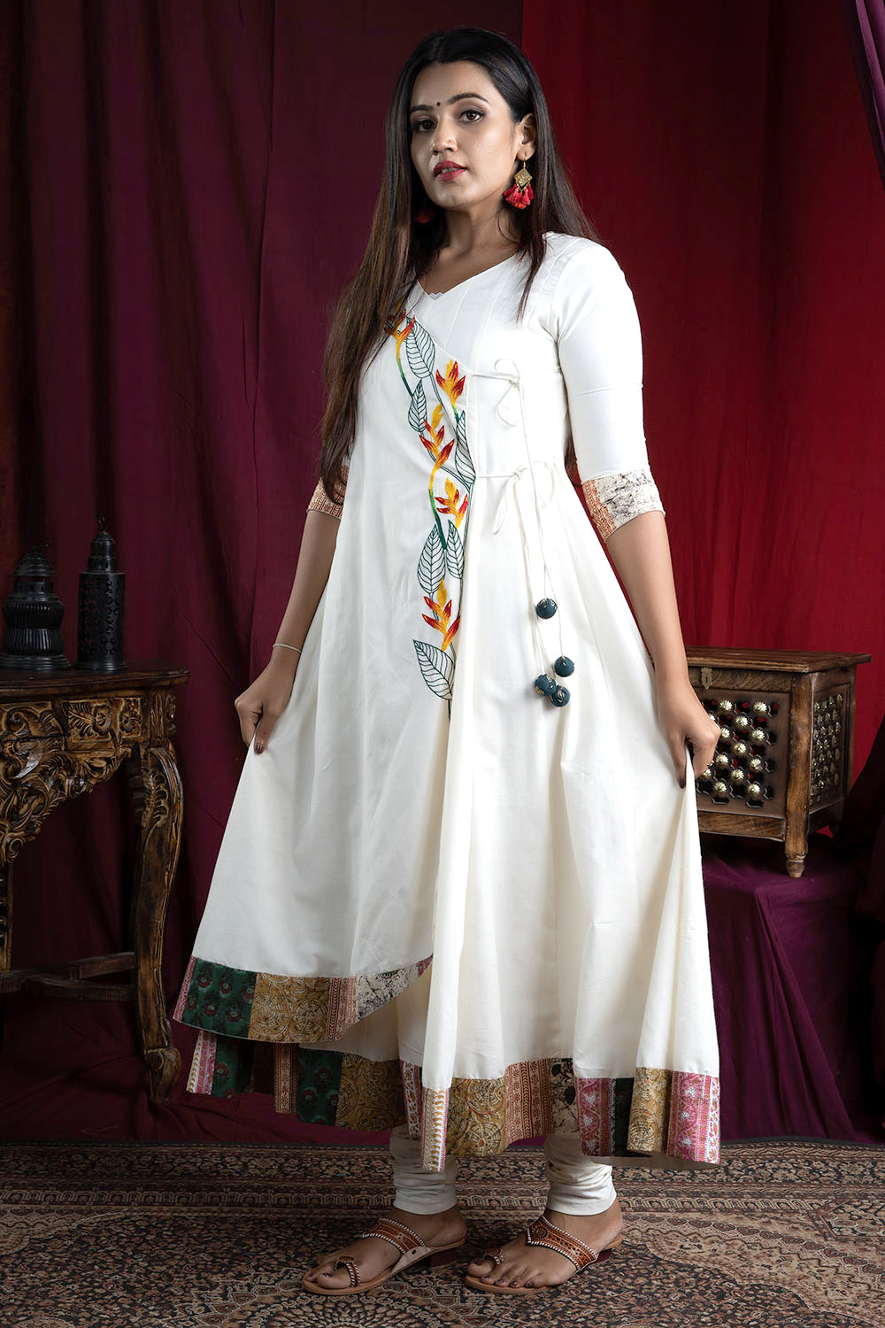 Off White Overlap Panelled Anarkali With Embroidery