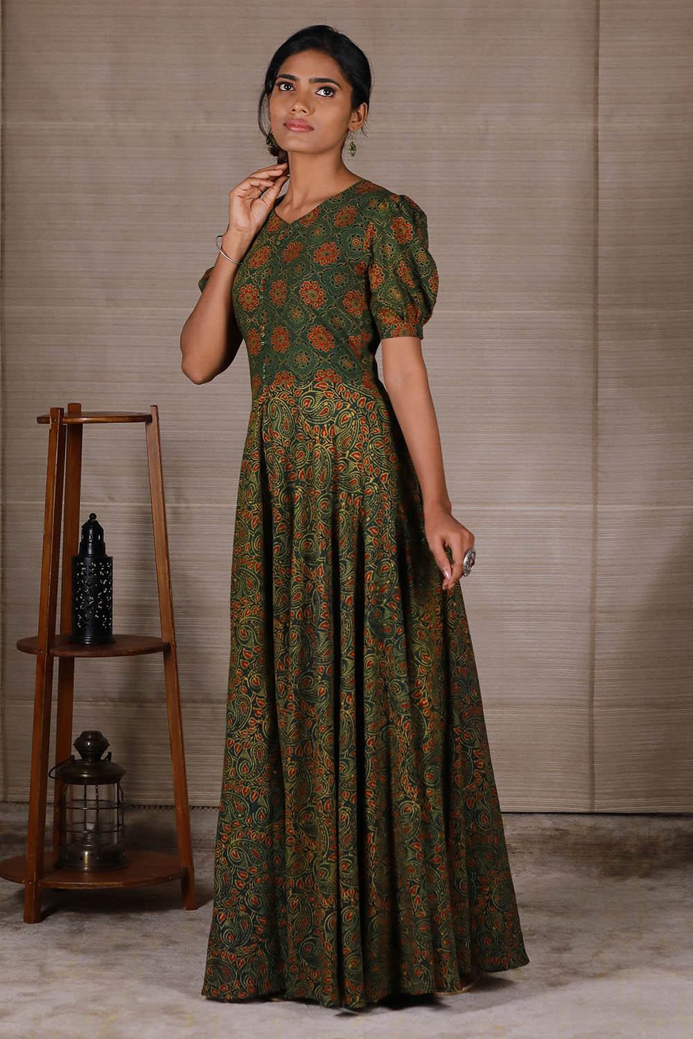 Green Ajrakh Double Umbrella Dress