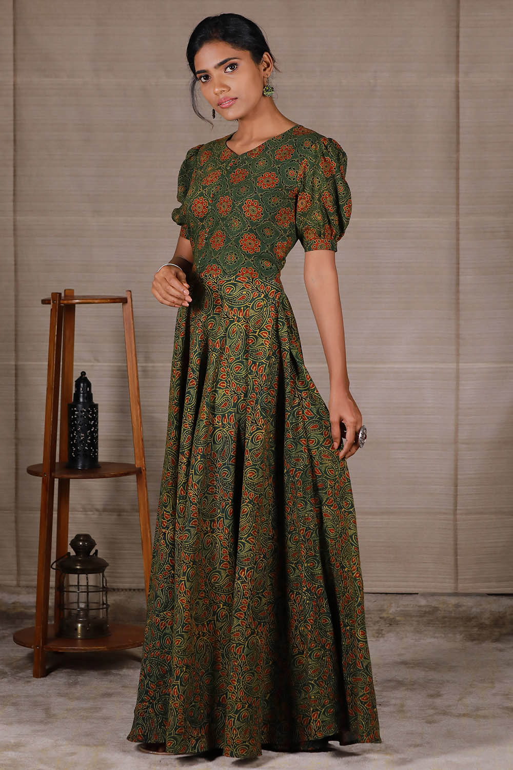 Green Ajrakh Double Umbrella Dress