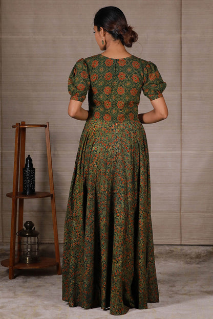 Green Ajrakh Double Umbrella Dress