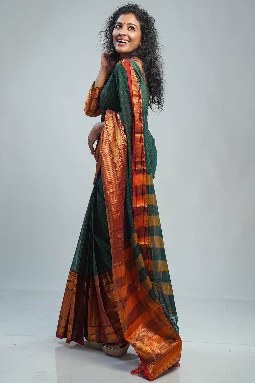 Narayan Pet Green Checked Saree with Big Border