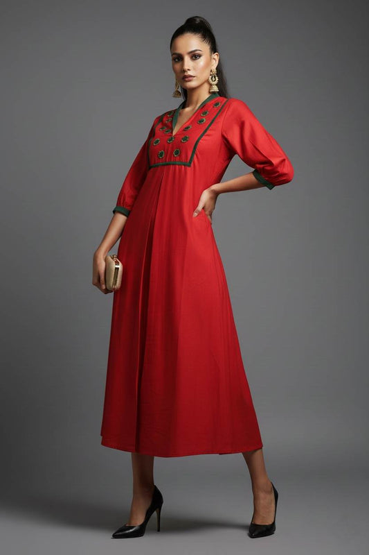 Red Chanderi Silk Front Pleated Dress