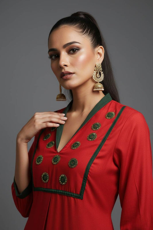 Red Chanderi Silk Front Pleated Dress
