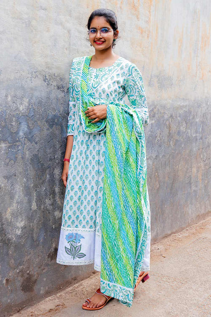 Green Gathered Kurta with Green Leheriya Dupatta