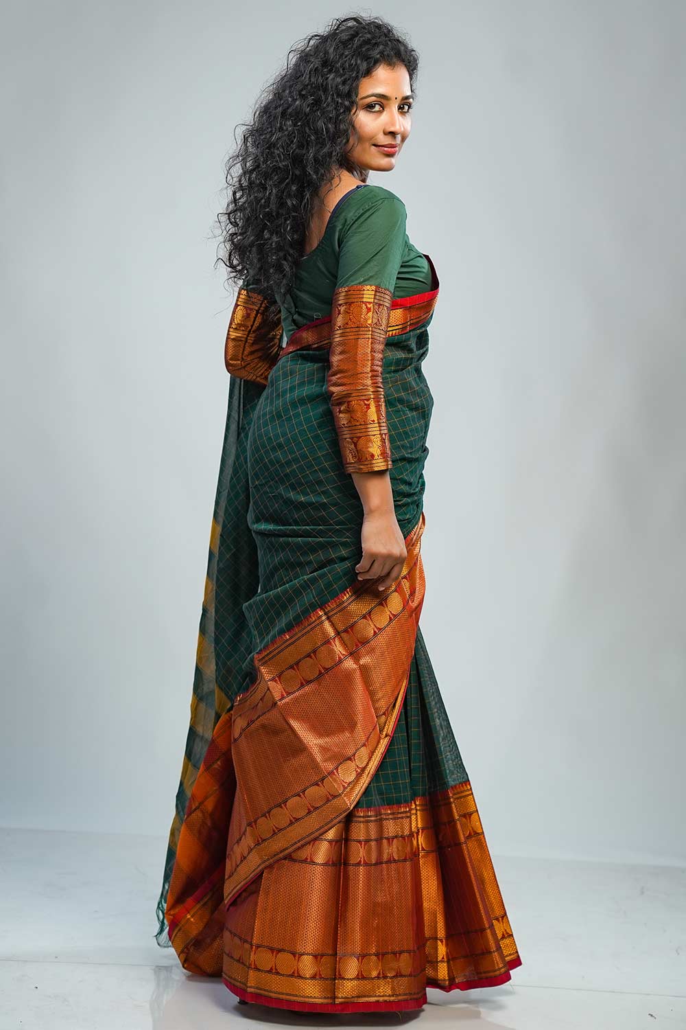 Narayan Pet Green Checked Saree with Big Border