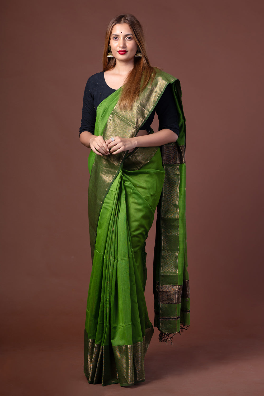 Green Maheswari Silk Saree with Zari Border