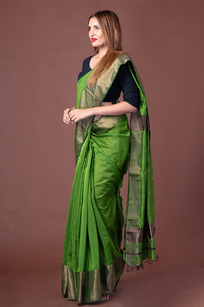 Green Maheswari Silk Saree with Zari Border