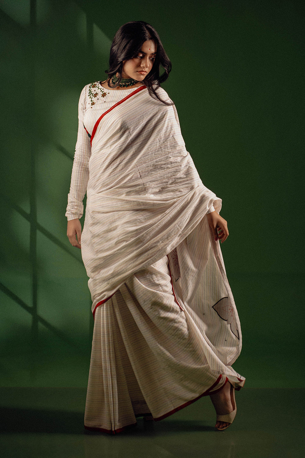 White Base Multicolor Kantha Saree with Floral Applique