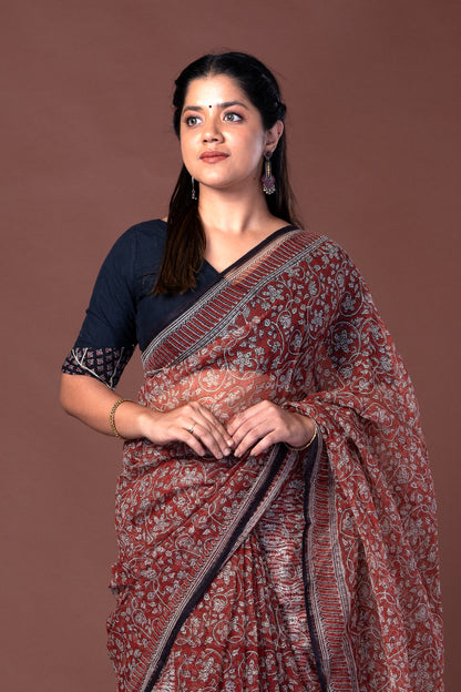 Maroon KotaDoria Saree with Off-White Rapid Flower Print