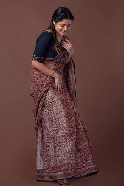 Maroon KotaDoria Saree with Off-White Rapid Flower Print