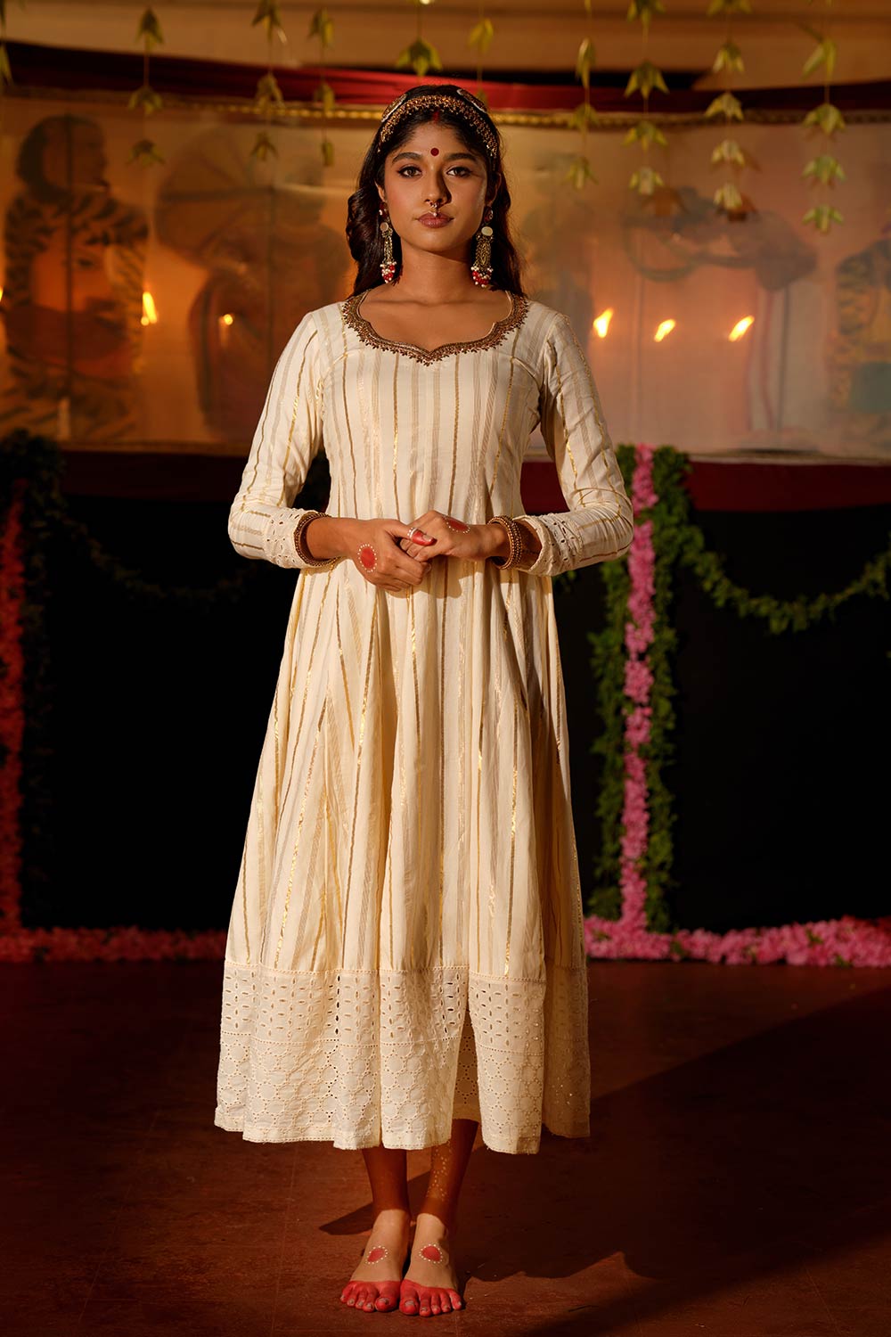 Offwhite Golden Zari Anarkali With Hakoba Border
