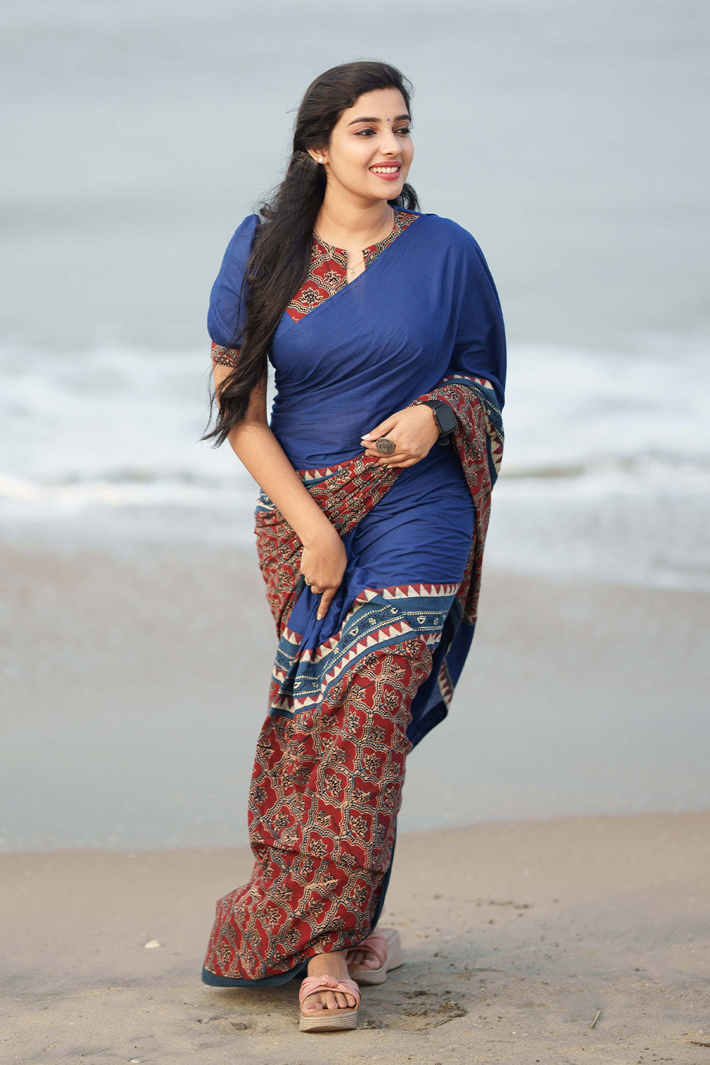 Blue Mul Cotton Saree with Ajrakh Border