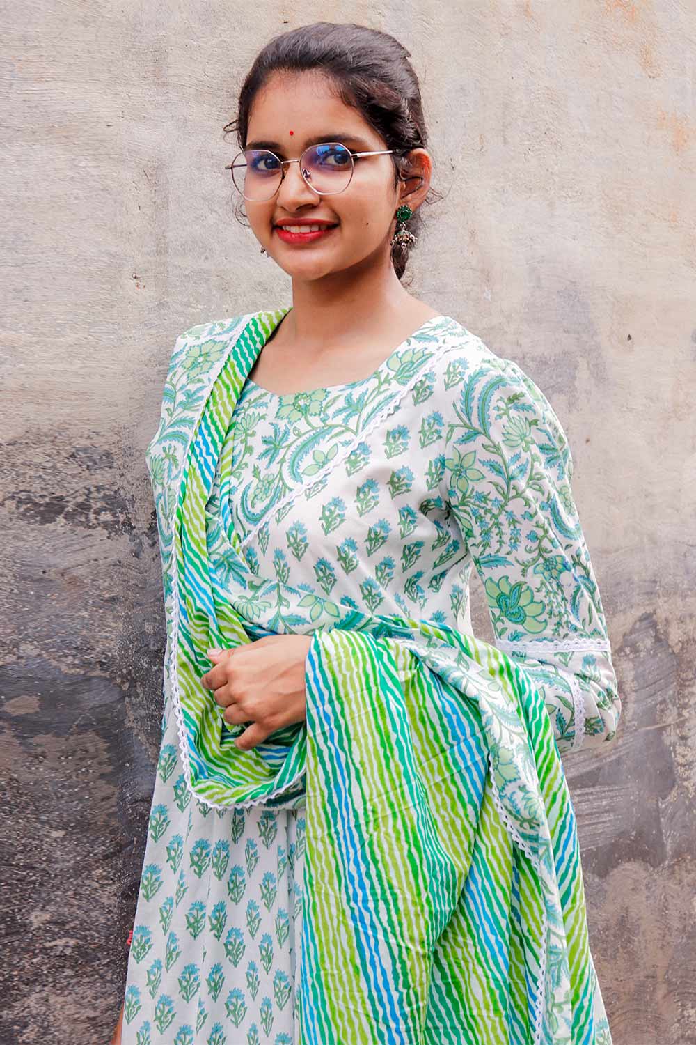 Green Gathered Kurta with Green Leheriya Dupatta