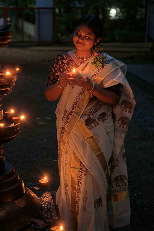 Offwhite Saree with Elephant Print