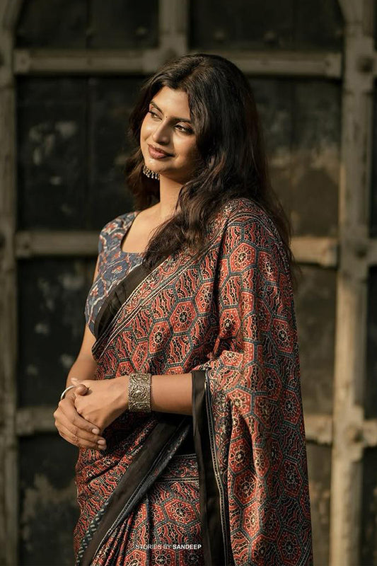Ajrakh Hand Block Print Saree