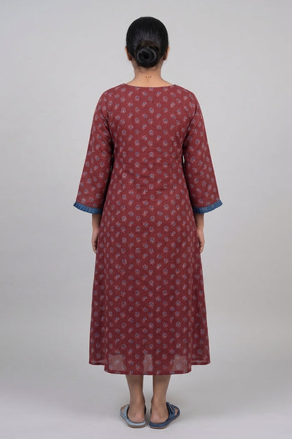 Maroon Basae Rose Printed A Line Dress