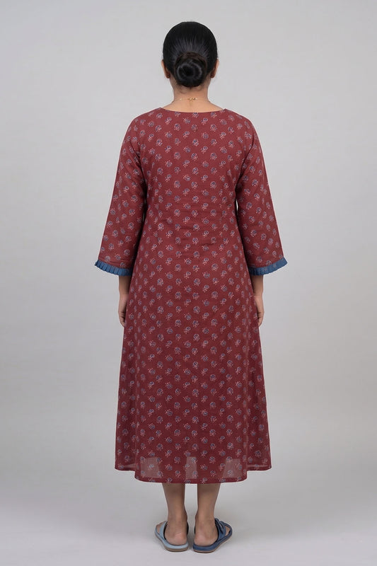 Maroon Basae Rose Printed A Line Dress
