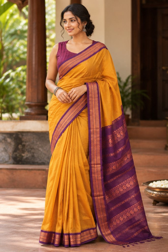 Mustard Yellow Kalyani Cotton Saree