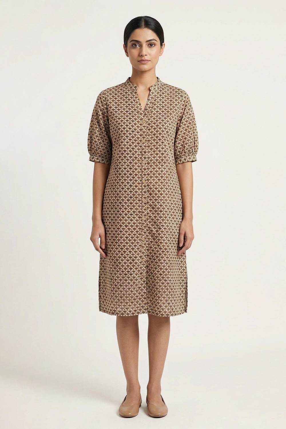 Beige with Small Floral Print Dress