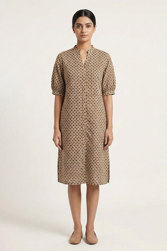 Beige with Small Floral Print Dress