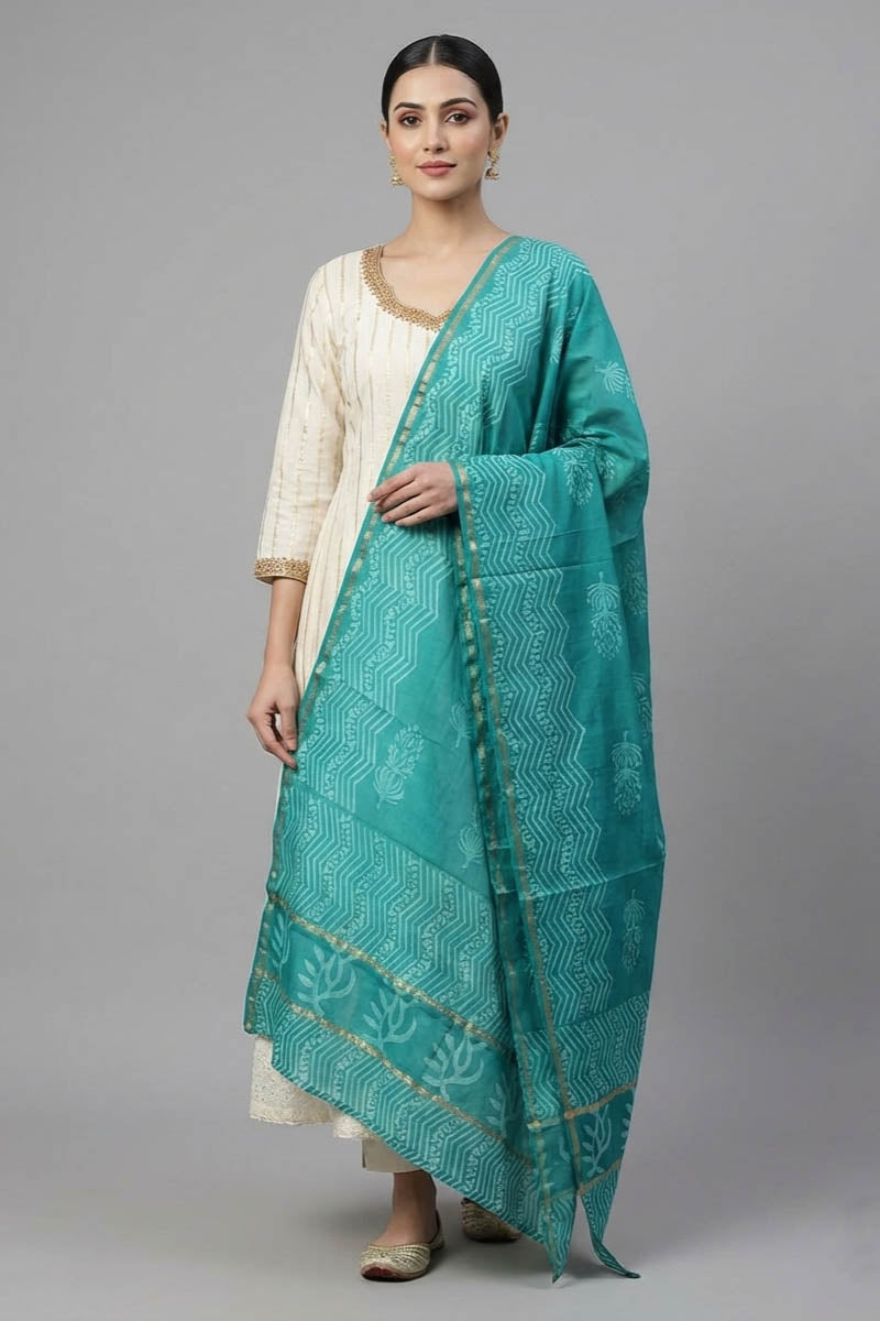 Indigo Floral Block & Zig Zag Chanderi Dupatta