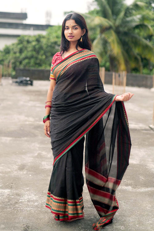 Black Narayanpet Stripe Saree