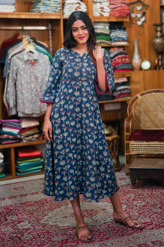 Blue Aline Dress with Green Lotus Print