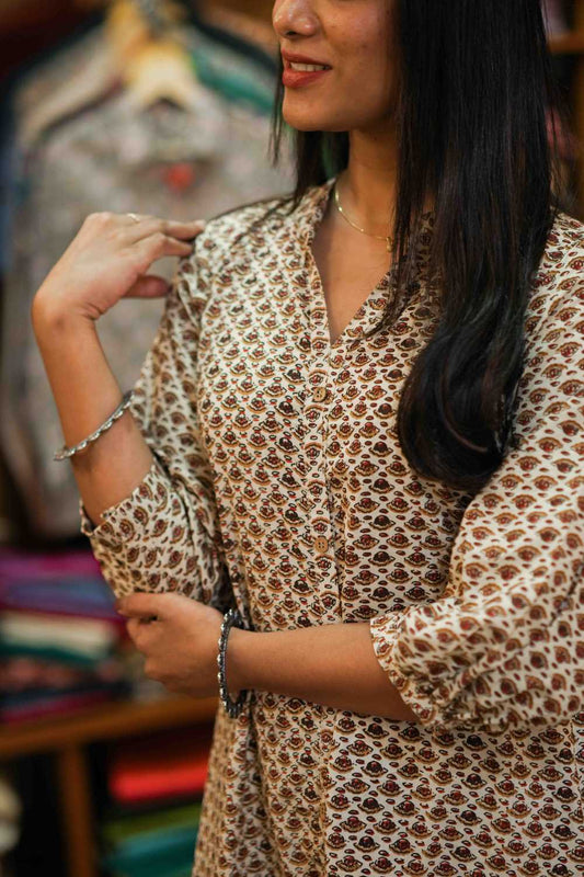 Beige with Small Floral Print Dress