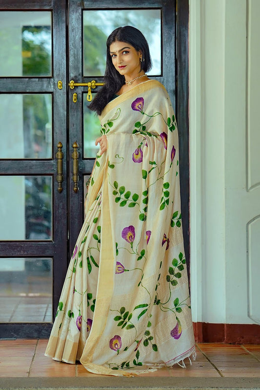 Pure Tussar Silk Saree with Handpainted Shangupushpam