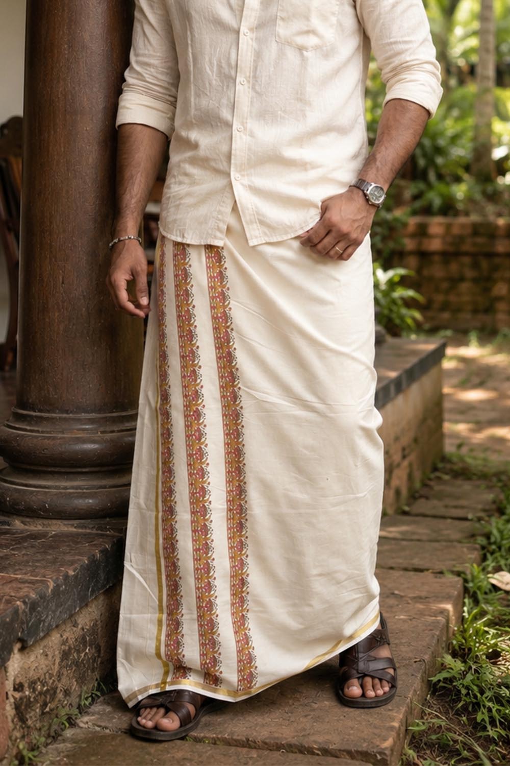Offwhite Dothi 0.5Inch Golden Border with Print