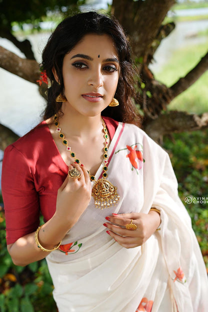 Maroon Puliyilakara Saree with Handpainted Gulmohar Flowers