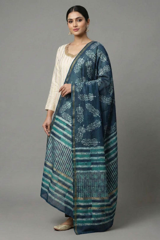 Indigo Tree Stripe Print Chanderi Dupatta