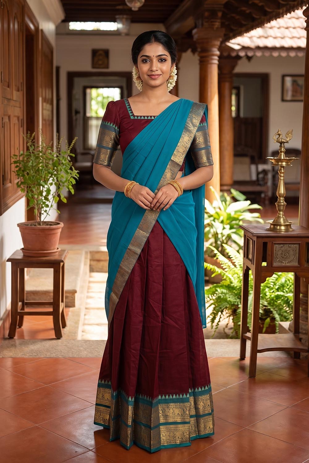 Maroon & Blue Dhawani Set
