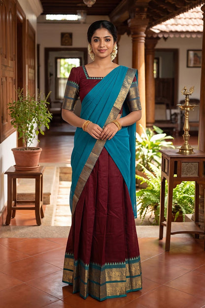 Maroon & Blue Dhawani Set