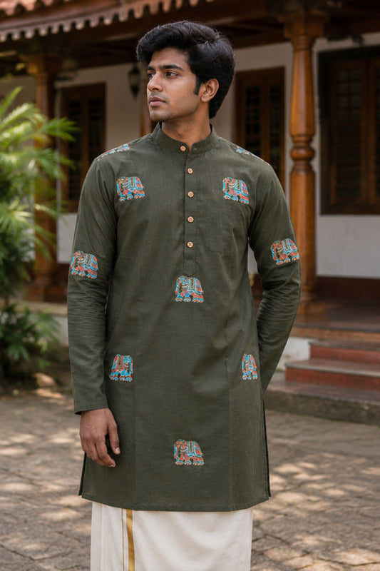 Mehandhi Green Kurta with Elephant Meenakari Print
