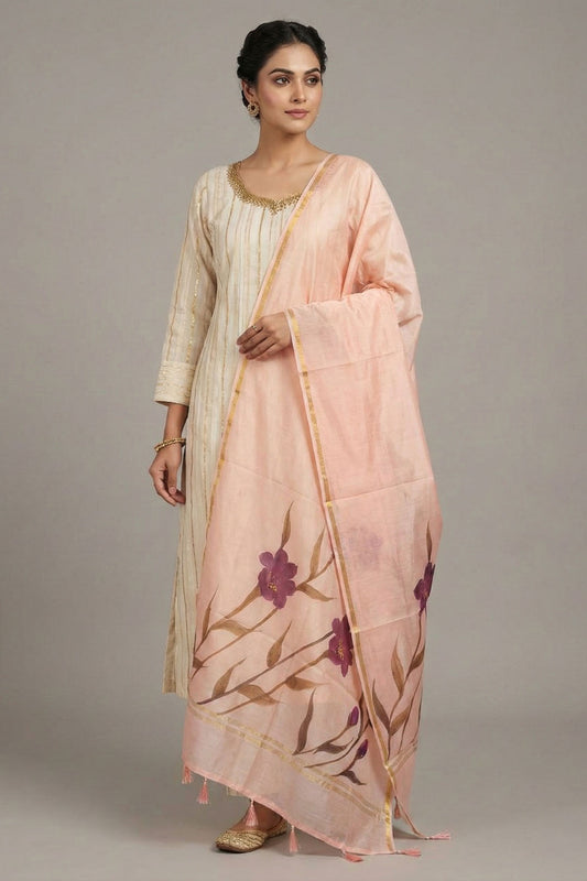 Peachy Pink Mul Chanderi Dupatta