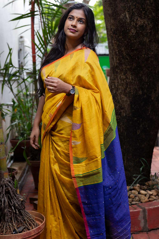 Yellow Temple Border Hand Weaved Saree