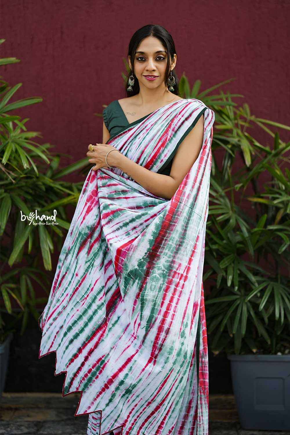 Red & Green Shibori Saree With Green Border