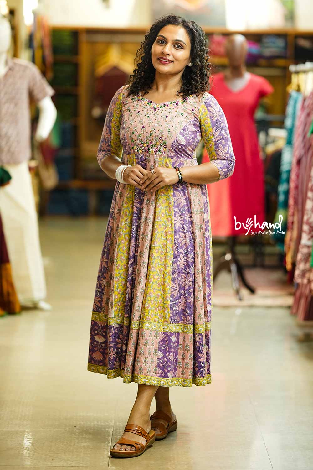 Sangeneri Multi Colour Print Anarkali With Mirror Embroidery