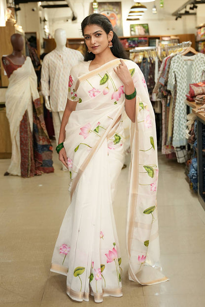 Lotus Hand Painted Maheswari Silk Saree