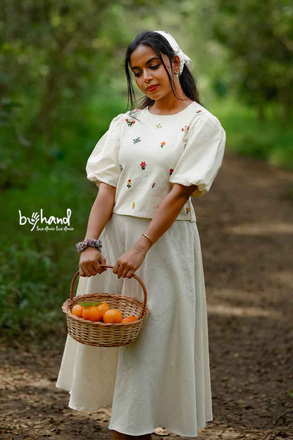 Floral Hand Embroidered Top & Handloom Umbrella Cut Skirt