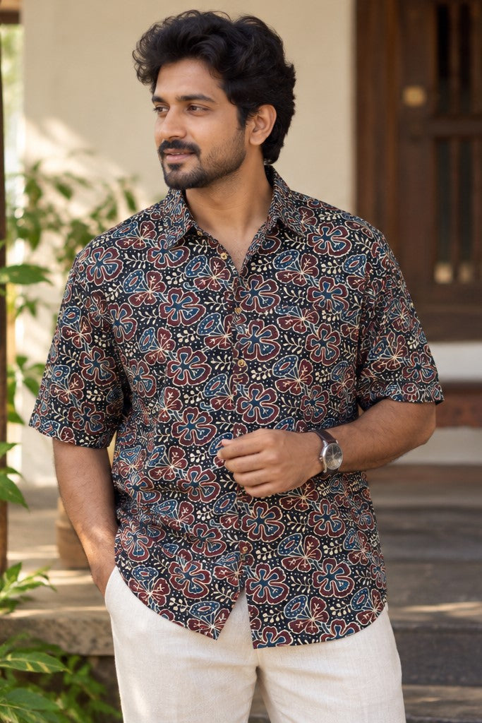 Black Base Blue & Maroon Multi Leaf Print Modal Silk Shirt