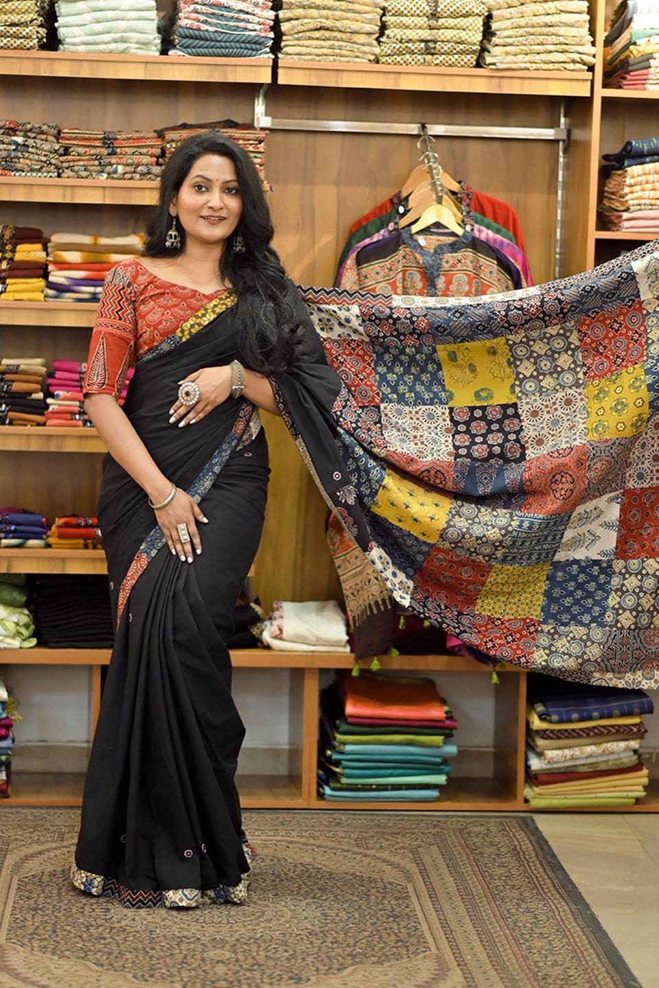 Black Base Saree with Multi Patch Pallu