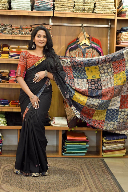 Black Base Saree with Multi Patch Pallu