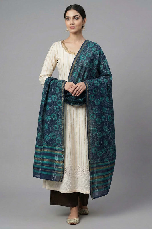 Indigo Butterfly Print Chanderi Dupatta