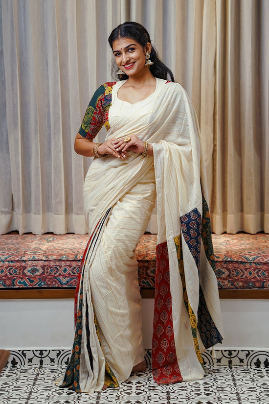 Off White Ajrakh Multi Colour Pleated Saree