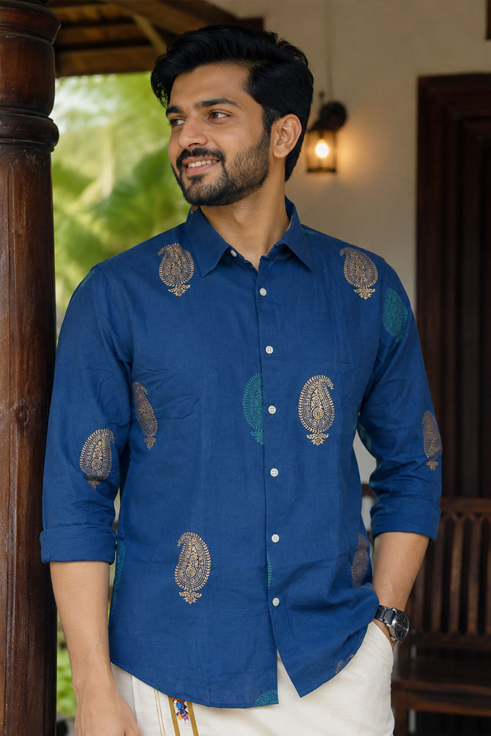 Blue Shirt with Gloden & Teal Shell Shaped Motif