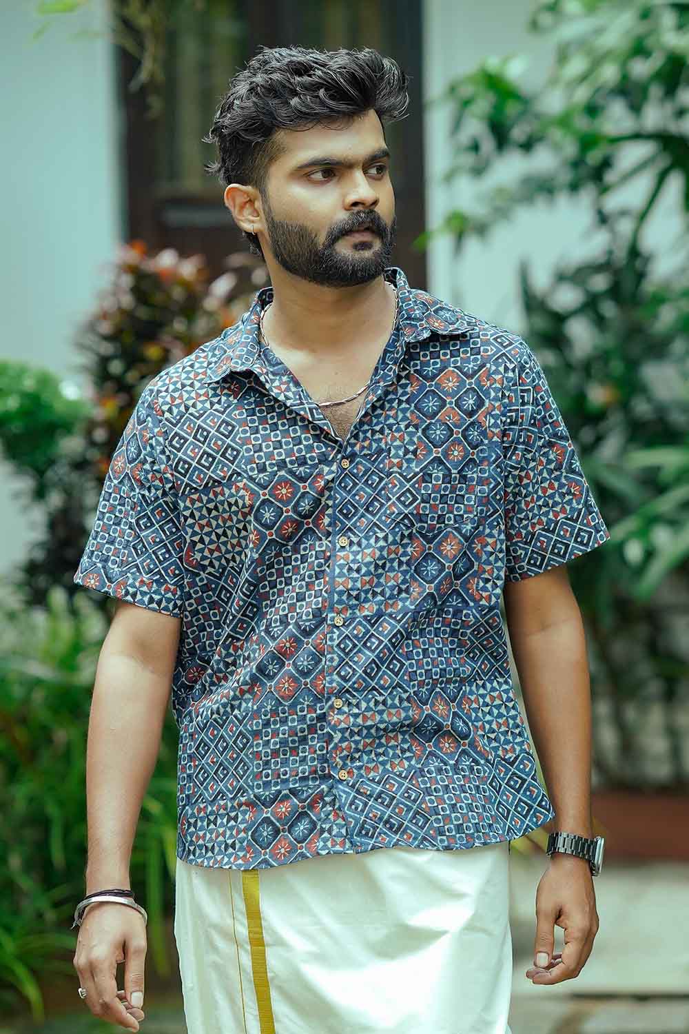 Blue Ajrakh Box Print Half Sleeve Shirt