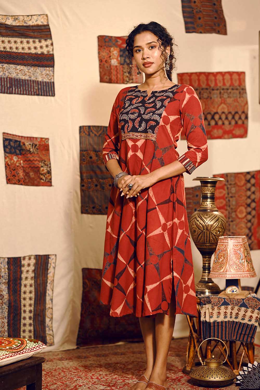 Red A line Kurti with Feather Yoke